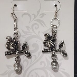 Silver Squirrel Dangle Earrings Faux Pearls